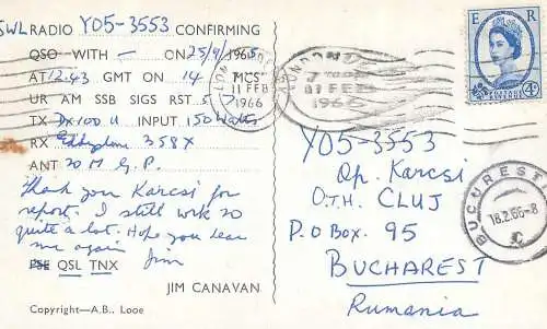 Radio amateur QSL card to Y05-3553 from Ireland Donegal GI3TZC