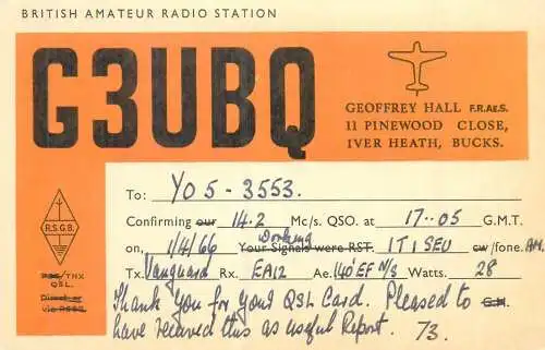 Radio amateur QSL card to Y05-3553 from Uk England G3UBQ