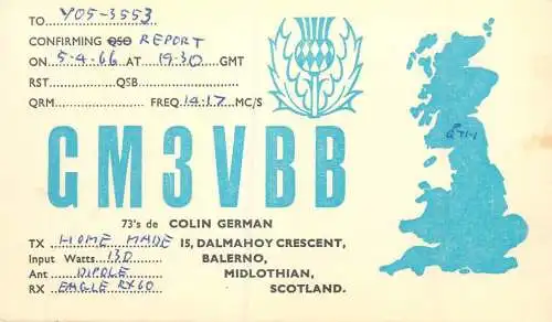 Radio amateur QSL card to Y05-3553 from Scotland Midlothian Balerno GM3VBB
