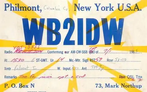 Radio amateur QSL card to Y05-3553 from USA New York Philmont Columbia CO WB2IDW