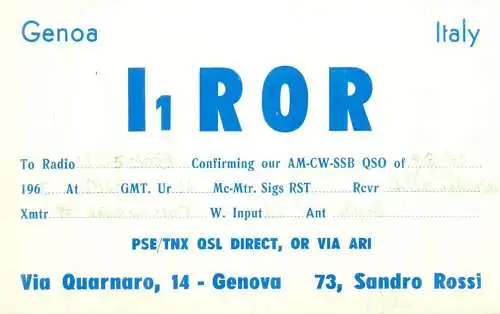 Radio amateur QSL card to Y05-3553 from Italy Genoa I1ROR