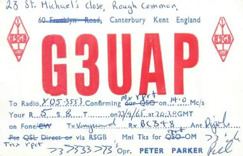 Radio amateur QSL card to Y05-3553 from UK England Kent Canterbury G3UAP