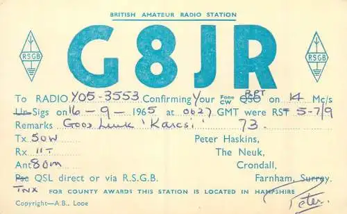 Radio amateur QSL card to Y05-3553 from UK England Surrey G8JR
