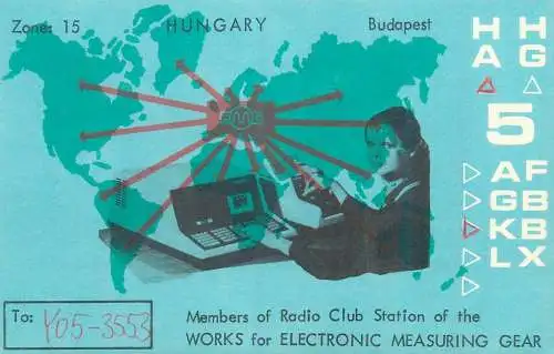 Radio amateur QSL card to Y05-3553 from HUngary Budapest HA5AGKL HG5FBBX