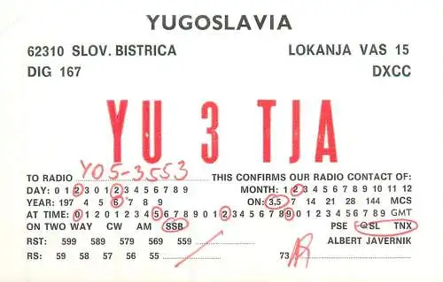 Radio amateur QSL card to Y05-3553 from Yugoslavia Slov. Bistrica YU3TJA