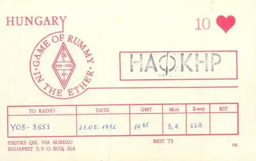 Radio amateur QSL card to Y05-3553 from Hungary Budapest HA8KHP