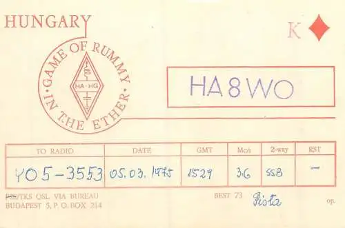 Radio amateur QSL card to Y05-3553 from Hungary Budapest HA8WO