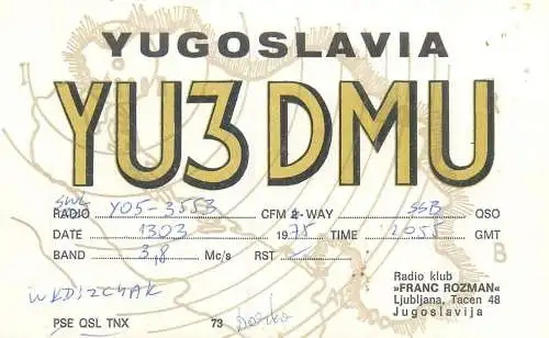 Radio amateur QSL card to Y05-3553 from Yugoslavia Ljubljana YU3DMU