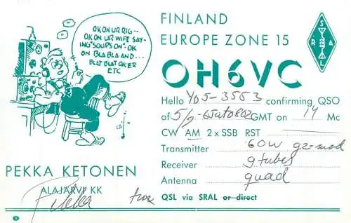 Radio amateur QSL card to Y05-3553 from Finland Pekka Ketonen OH6VC