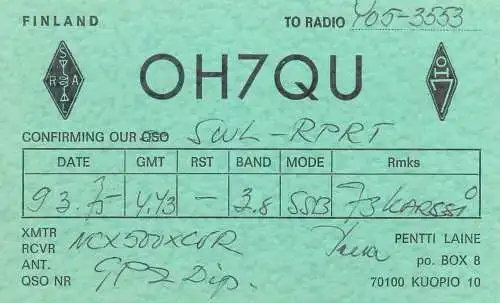 Radio amateur QSL card to Y05-3553 from Finland OH7QU