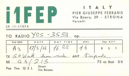 Radio amateur QSL card to Y05-3553 from Italy Vercelli I1FEP