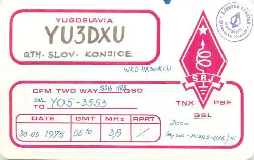 Radio amateur QSL card to Y05-3553 from Yugoslavia YU3DXU Slovacia Konjice