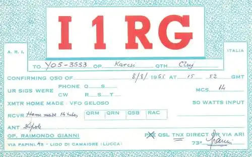 Radio amateur QSL card to Y05-3553 from Italy Lucca Raimondo Gianni I1RG
