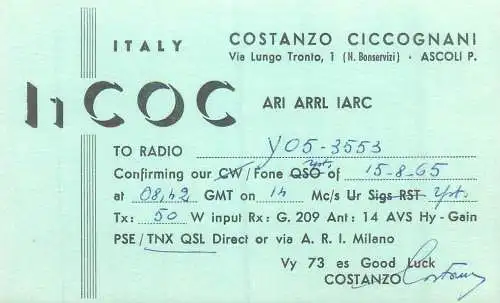 Radio amateur QSL card to Y05-3553 from Italy Constanzo Ciccognani I1COC