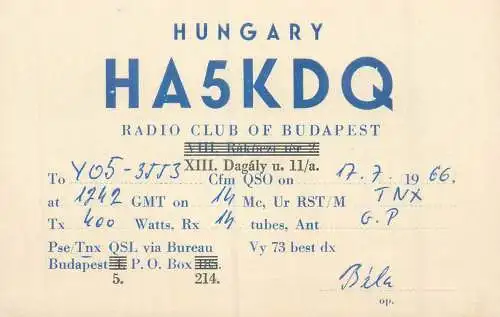 Radio amateur QSL card to Y05-3553 from Hungary Budapest HA5KDQ