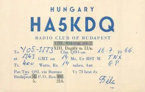 Radio amateur QSL card to Y05-3553 from Hungary Budapest HA5KDQ