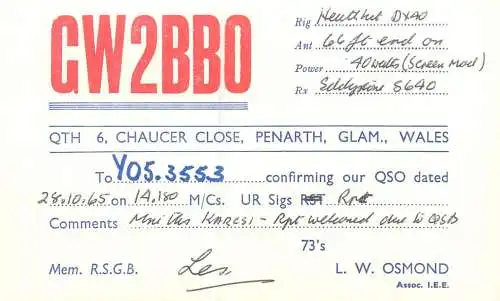 Radio amateur QSL card to Y05-3553 from UK Wales Penarth Glam. GW2BBO