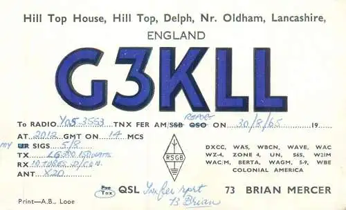 Radio amateur QSL card to Y05-3553 from UK England Lancashire G3KLL