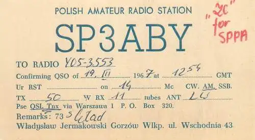 Radio amateur QSL card Poland Warszaw SP3ABY to Y05-3553