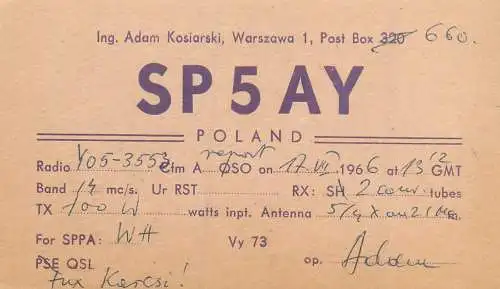 Radio amateur QSL card Poland Warszaw SP5AY to Y05-3553