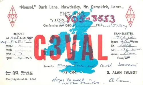Radio amateur QSL card UK England Lancaster G3VAL to Y05-3553