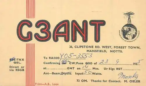 Radio amateur QSL card UK England Mansfield G3ANT to Y05-3553