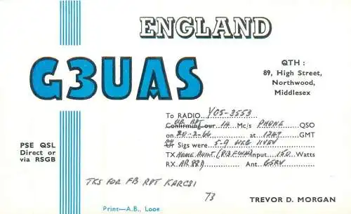 Radio amateur QSL card UK England Middlesex G3UAS Y05-3553