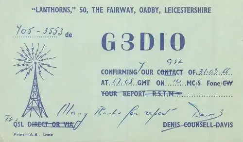 Radio amateur QSL card UK england Leicestershire G3DIO Y05-3553