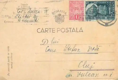 Romania posta stationara postcard 1948 catre Cluj