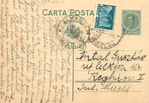 Romania posta stationara postcard 1938 catre Reghin