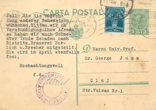 Romania posta stationara postcard 1936 german Hermannstadt Sibiu catre profesor universitar Cluj
