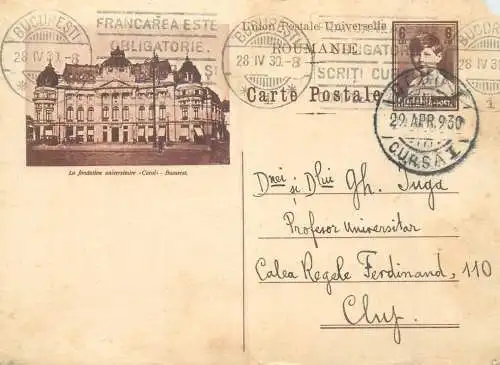 Romania posta stationara postcard Universitatea Carol Bucuresti 1930 catre Cluj