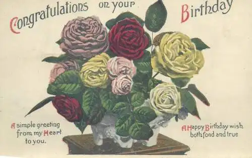 Postcard holiday card flower bouquet rose happy birthday