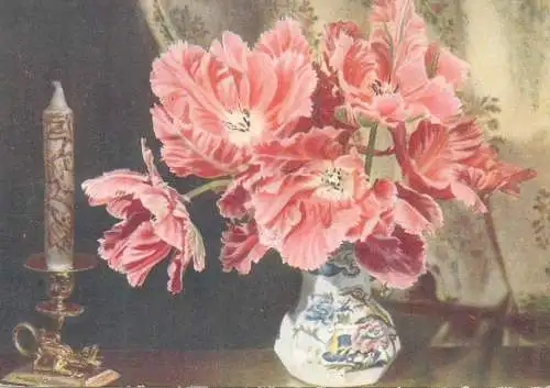 Postcard greetings card flower vase Parrot Tulips