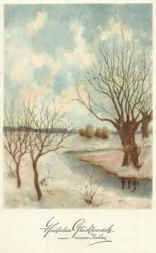New Year greetings picturesque landscape frozen river winter scenery