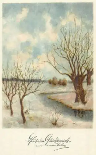 New Year greetings frozen river winter scenery picturesque landscape