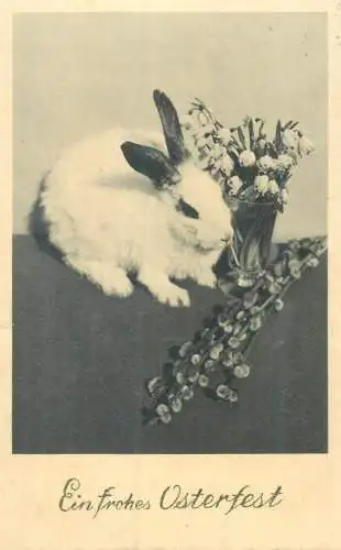 Easter greetings blossom willow branch lily of the valley floral arrangement rabbit