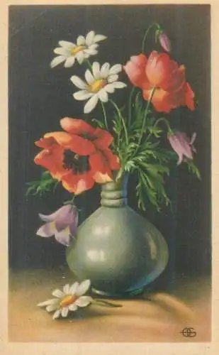 Poppies and daisies colourful vase floral arrangement
