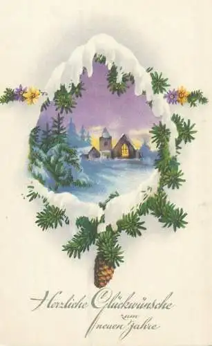 New Year greetings village glimpse winter day