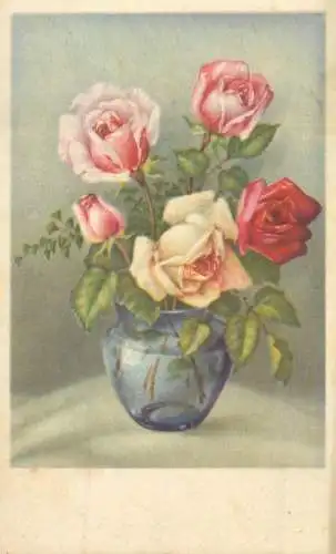 Colourful vase roses arrangement illustration