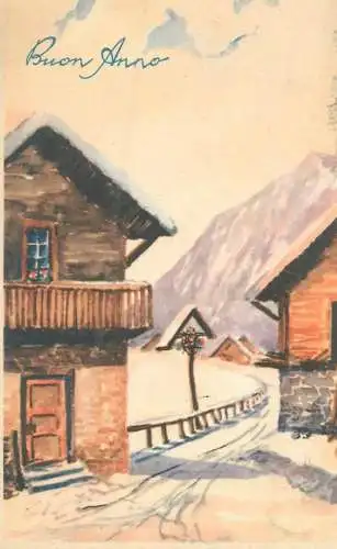New Year greetings wooden cottage winter scenery drawing