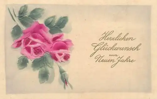 New Year greetings roses flowers embossed postcard