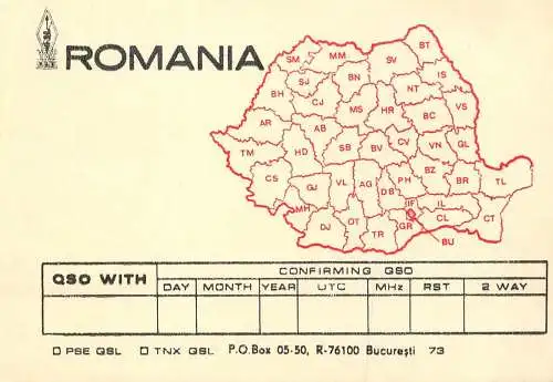 Romania districts map radio amateur QSL card