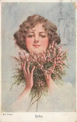 Postcard painting portrait of young lady Erika Bill Fisher
