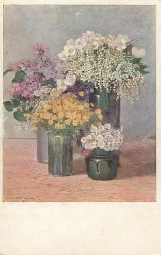 Postcard painting Peter Grabwinkeer still nature with flower vases