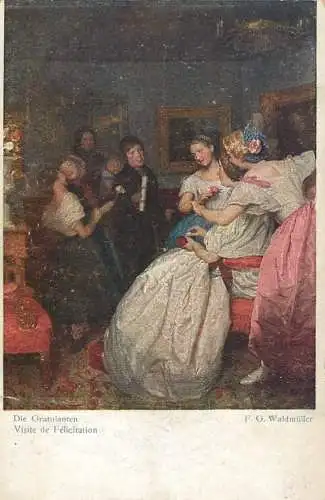 Postcard painting Die Gratulanten F.G. Waldmuller Visite de Felicitation