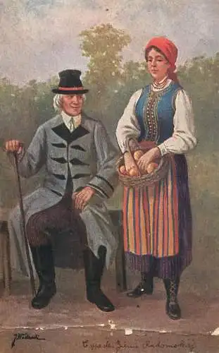 Postcard painting J. Wasilewski Ziemi Radomskiej noble man anc apple basket woman