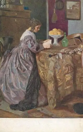 Postcard painting Otto Herschel Lesendes Madchen