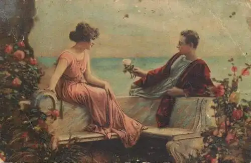 Postcard painting 1932 roman couple flower toga love amour