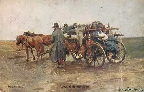 Postcard painting Hans Larwin gem. Verwundetentransport 1915